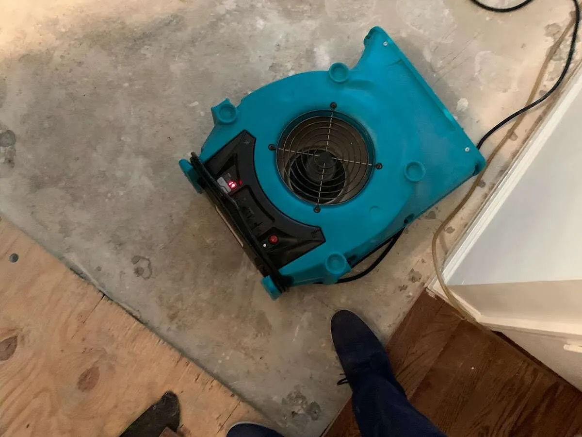 Air mover drying subfloor during Commercial Water Damage Restoration in New Ulm